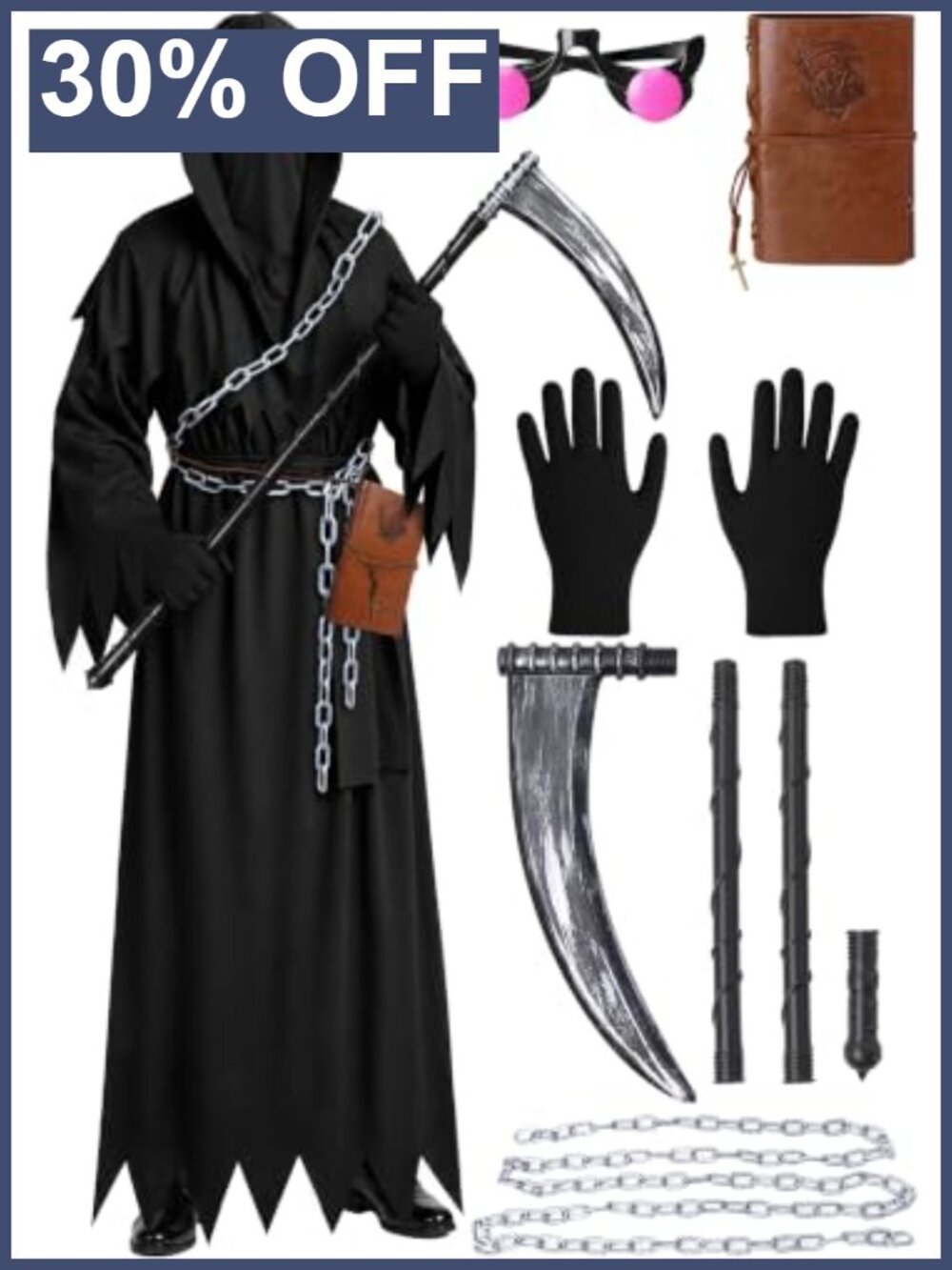 Grim Reaper Costume Adult Men 7 Piece Scary Halloween Cosplay Set with Scythe